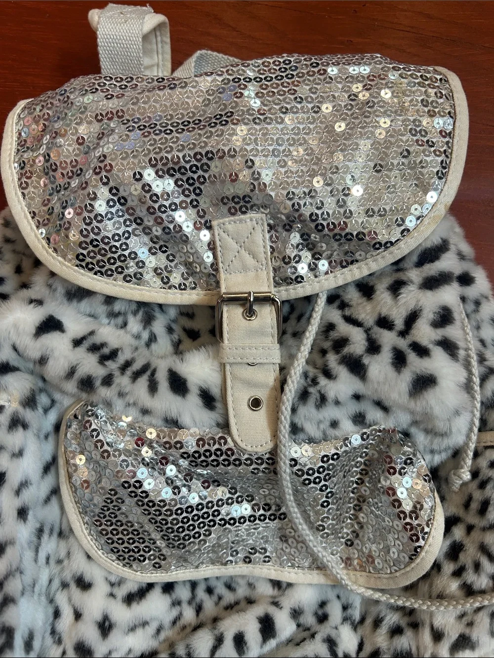 Girls White Faux Fur Leopard Backpack with Silver Sequin Accents